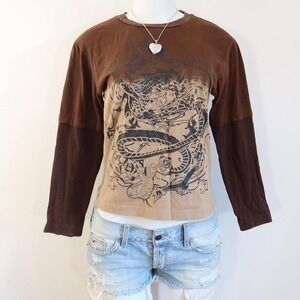 y2k brown dragon graphic long sleeve layered grunge top size S/M